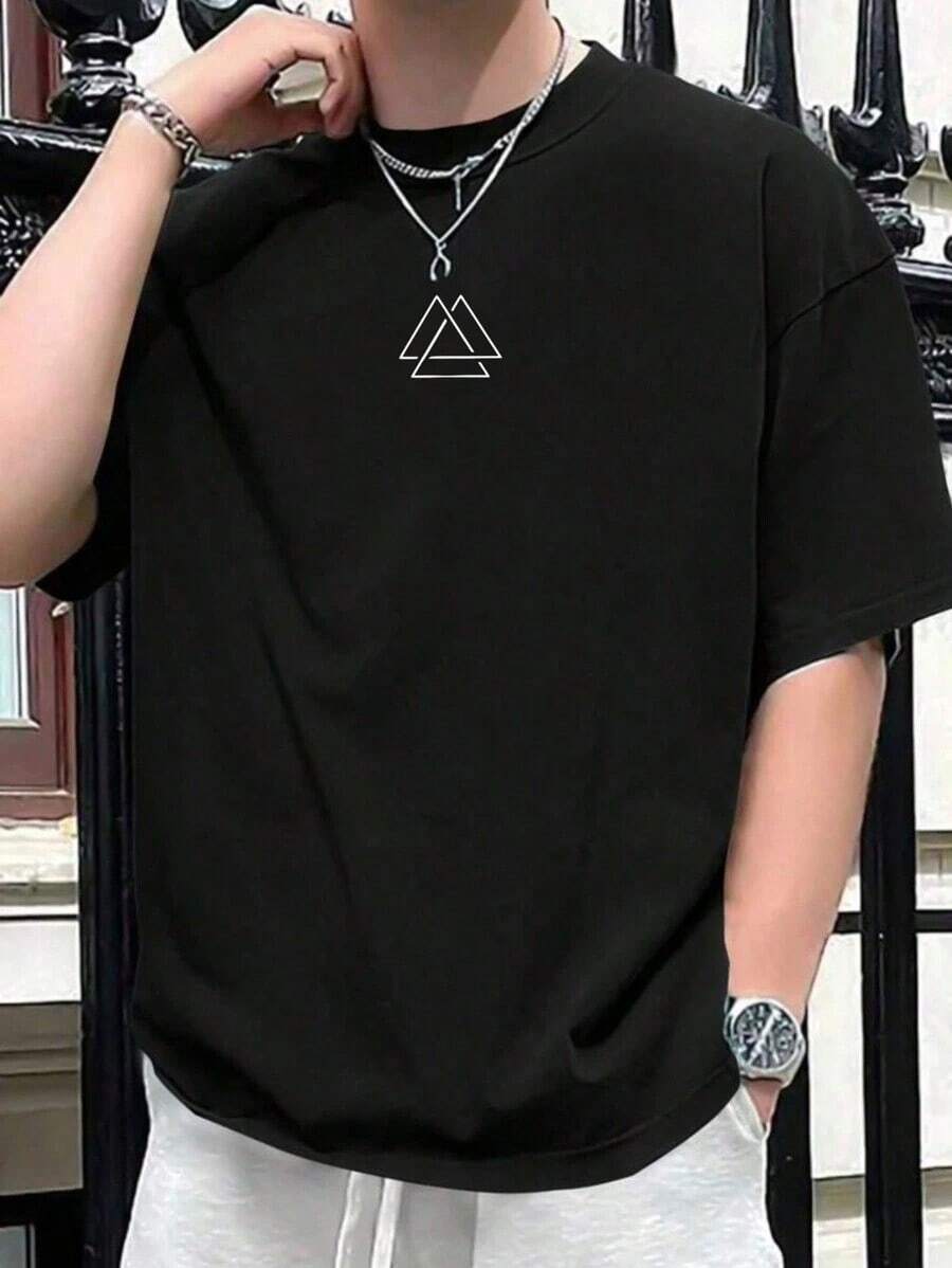 Men's Triangle White T-Shirt, Premium 100% Cotton - Black - View 1