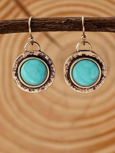 1 Pair Bohemian Minimalist Elegant Natural Turquoise Round Earrings For Women, Suitable For Vacation, Party And Daily Wear