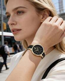 Anne Klein Đồng hồ nữ thạch anh, đồng hồ dây đeo bằng nhựa, đồng hồ gốm mặt số khảm xà cừ kiểu dáng thường ngày. - Đen và vàng - Xem 2
