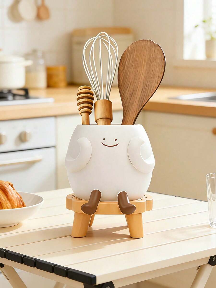 Cute Sitting Egg Utensil Holder – Resin Kitchen Storage Organizer For Cooking Utensils & Brushes | Playful Character Design Crock For Countertop & Vanity | Weather Resistant Durable Decor For Kitchen & Dining Utensil Holder, Kitchen Organizer, Chopstick Storage, Brush Holder - Multicolor - View 1