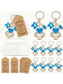 36件套粉蓝脚印钥匙扣礼盒，性别揭晓派对回礼，12套包含脚印瓶挂饰、钥匙扣、白色薄纱袋和牛皮纸感谢卡，12个创意钥匙扣+12张棕色感谢卡+12个白色薄纱礼品袋，成人礼物 - 彩色 - 查看 1