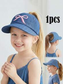 1pc Girls' Blue Embroidered Bow Baseball Cap, Ponytail Hole, Breathable UV Protection, Adjustable Children Sun Hat - 1PC - View 2