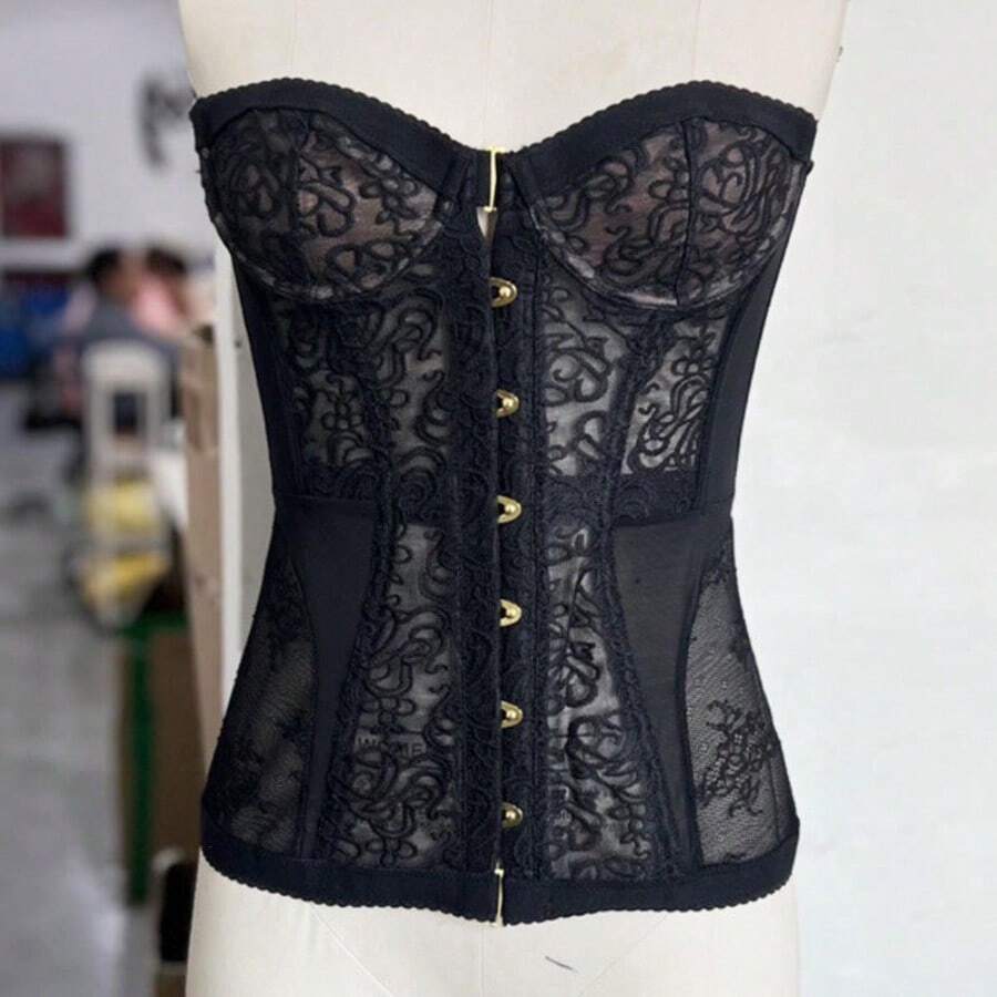 Women's Off-Shoulder Cut-Out Corset Top With Sexy Lace Trim & Built-In Padding, Black/Skin Tone/Apricot Strapless Bustier For Sweetheart Neckline & Waist Definition, Street-Ready Elegant Style For Parties, Daily Outfits & Chic Layering - màu đen - Xem 1