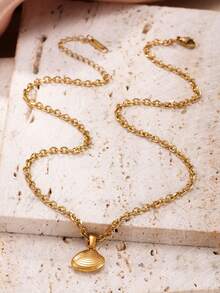 1pc Ocean Style Starfish Shell Seahorse Fish Pendant Necklace, Stainless Steel Necklace For Women, Bohemian Layered Necklace, 45cm - Yellow Gold - View 9