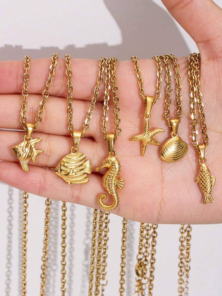 1pc Ocean Style Starfish Shell Seahorse Fish Pendant Necklace, Stainless Steel Necklace For Women, Bohemian Layered Necklace, 45cm - Yellow Gold - View 1