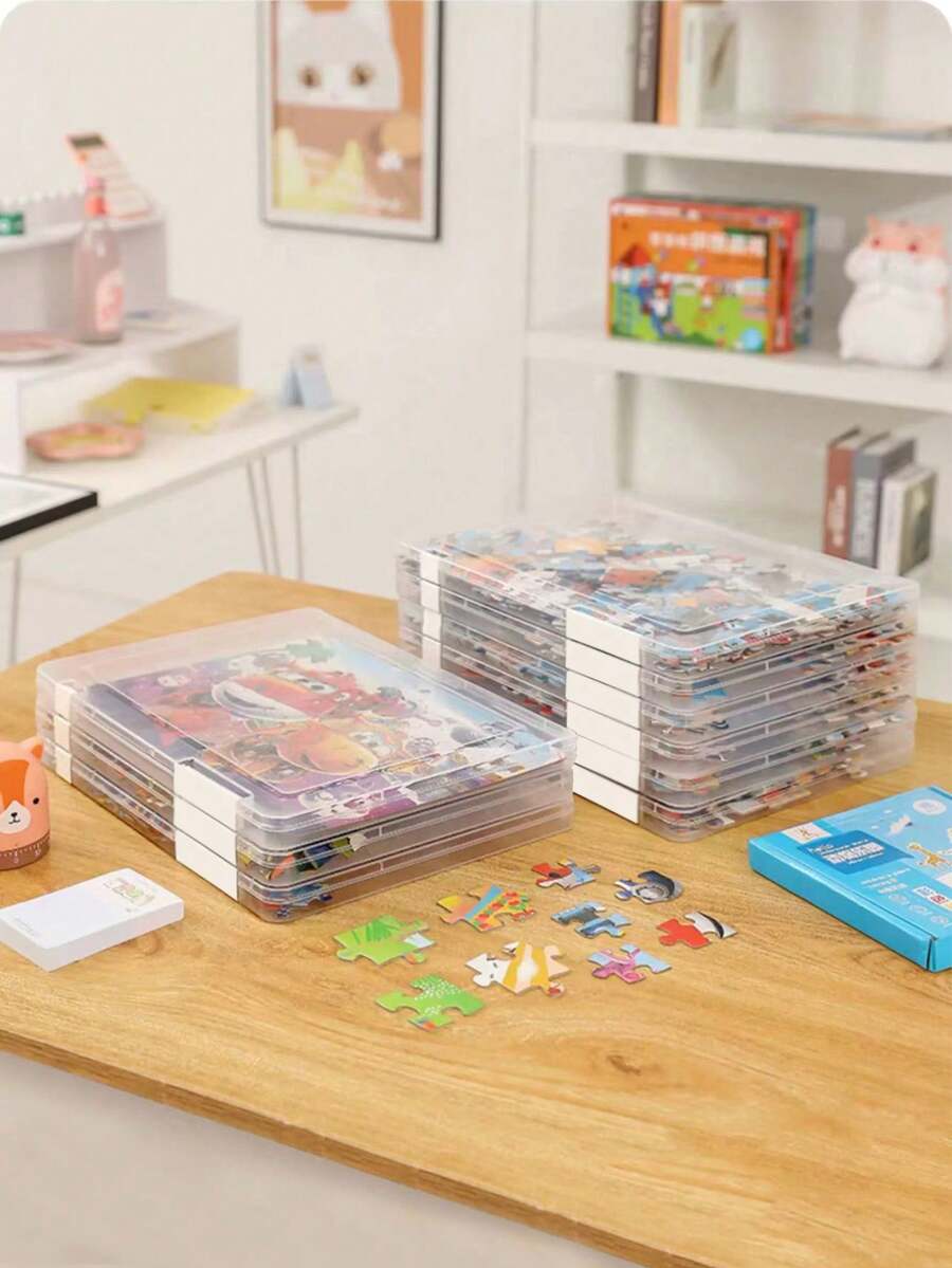 1/2/4pcs Plastic Transparent Puzzle Storage Box - Multifunctional Toy Storage Box For Blocks, Puzzles And Crafts, With Convenient Lid, Large Capacity, Waterproof, Double Buckle Closure, Stackable Storage, Suitable For Files, Magazines, Notebooks, Invoices, Test Papers Etc. - Space Saving, Suitable For Home And Office Use, Office Organization, Fashionable And Durable Plastic Material, Document Storage Box - Clear - View 1