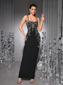 Bernatova Đầm maxi dài hở lưng sang trọng dành cho nữ, dây mảnh, đính đá lấp lánh, kiểu dáng băng quấn, gợi cảm, cao cấp, thích hợp cho các bữa tiệc sang trọng, thảm đỏ, tiệc tối trang trọng, đám cưới, biểu diễn sân khấu, dạ hội. - màu đen - Xem 2