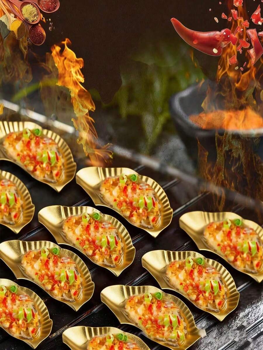 Bộ 6/12 đĩa thép không gỉ dùng đựng hàu, ốc sên, sò điệp, hấp hàu, đĩa nướng BBQ nhà hàng, đĩa gia vị nước tương, xẻng xúc nồi kiểu Hàn Quốc, khay muỗng canh, khay đựng gia vị gia dụng hình bướm. - Vàng - Xem 1