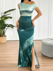 1 chiếc đầm ôm dáng, nhuộm tie-dye, lệch vai, gợi cảm, hàng mới về, thanh lịch cho mùa hè. - màu xanh lá - Xem 3