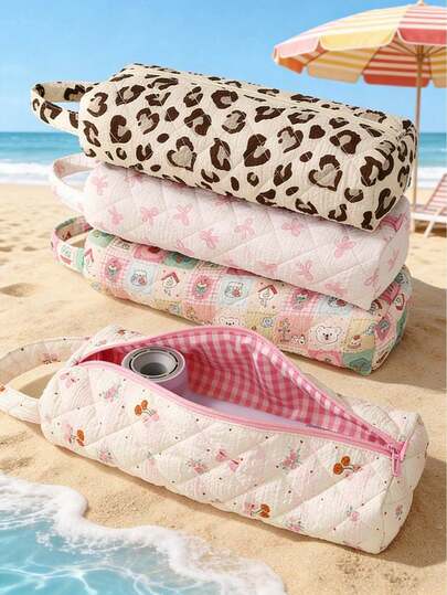 绗缝美发工具收纳包，拉链封口，蝴蝶结装饰，樱桃和豹纹印花设计 - 便携式多功能化妆包、便携式吹风机包、化妆品收纳包、旅行洗漱包、手提包，大容量，节日礼物，适合女孩，可收纳防尘吹风机、卷发棒、直发器 - 适用于旅行、健身房、沙龙、居家，旅行美发配件，母亲节、婚礼季、毕业季、教师节礼物