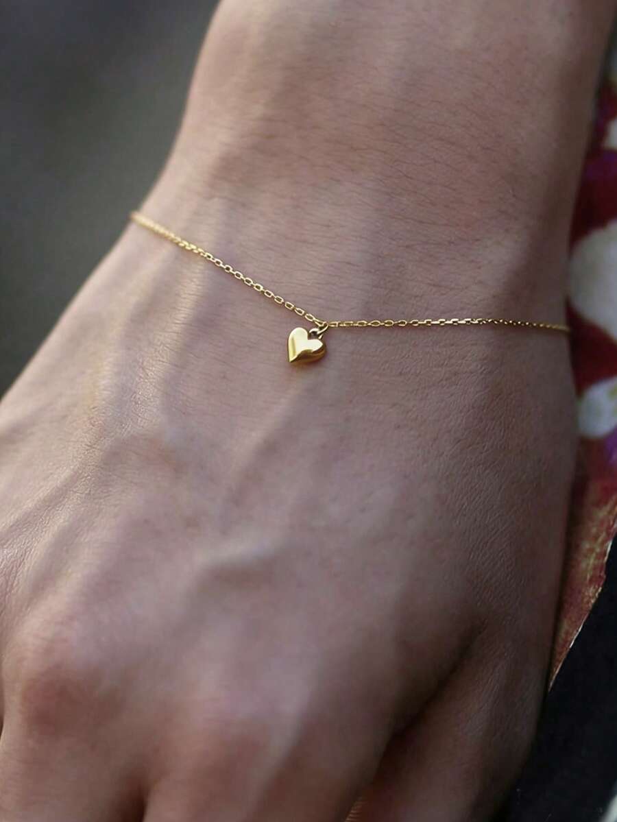 不锈钢防水不褪色可爱心形吊坠精致链条手链，适合女士日常佩戴 - 金色 - 查看 1