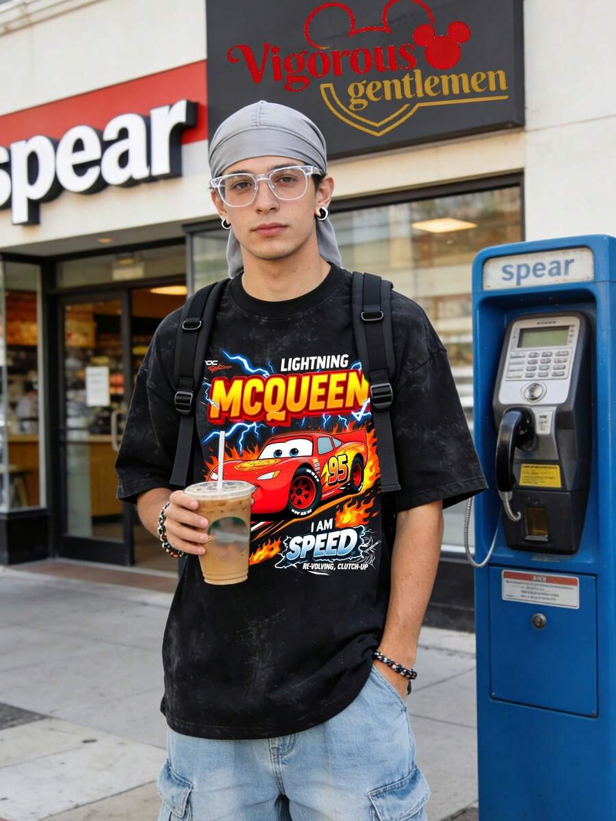 Disney Vintage Washed 230g Casual T-Shirt |  "I AM SPEED" Flame & Lightning Print Short Sleeve - Black - View 1