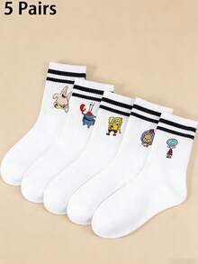 SpongeBob SquarePants 海绵宝宝 1/5 双中筒袜 情侣可爱卡通动漫白色条纹章鱼海星卡通纯色舒适透气日常休闲家居袜 - 彩色 - 查看 6