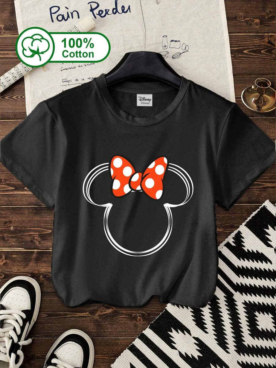 Disney 女士休闲日常短袖T恤，100%纯棉材质，饰有红色波点蝴蝶结和白色勾边米奇头像印花，适合日常外出、校园、约会和公园穿着。夏季服装，红色波点蝴蝶结米奇图案印花T恤，黑色 - 黑色 - 查看 1