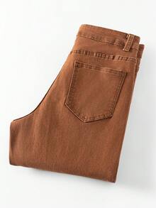 女士优雅棕色阔腿牛仔裤，带纽扣口袋和拉链装饰，休闲百搭，中等弹力，春季款 - 咖啡色 - 查看 8