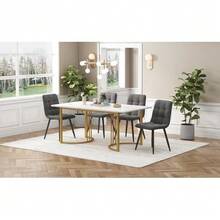 Dining Set (5 Pieces), Table And 4 Chairs, Modern Kitchen Set, 140*80cm Kitchen Table With Gold Metal Legs, White MDF Top, Dark Grey Velvet Dining Chairs - Grey - View 2