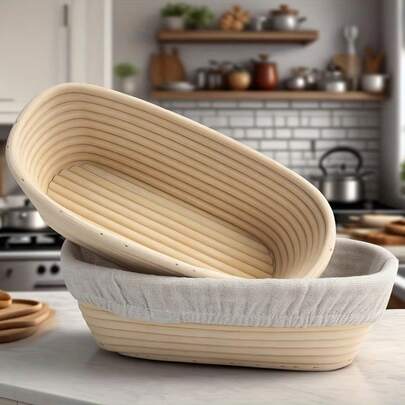 1pc Oval Rattan Bread Proofing Basket With Liner, Sourdough Baking Basket, Multifunctional Kitchen Tool, Available In Multiple Sizes, Handmade Bread Shaping Basket, Natural Rattan Material, Ideal For Sourdough And Yeast Baking - Suitable For Home And Professional Handmade Baking, Yeast Dough Baking, Homemade Bread Making, Bread Proofer Basket, Essential Baking Supplies, Handcraft Bread Tool.