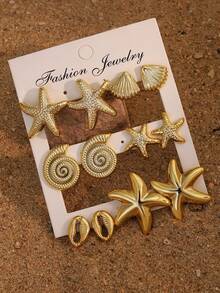 1/6 Pares de pendientes dorados con forma de estrella de mar, concha y caracol, accesorios de playa para mujeres, joyería de playa - Amarillo Oro - Ver 7