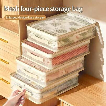 Fyra delars set förvaringsväska sovrumsgarderob organisera säsongsbetonade täckkläder säng under låda förvaringslåda avdelad med handtag