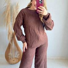 Women's Winter Mousse Knit Set - Wide-Leg Pants And Braided Blouse - 鏽棕色 - 查看 4