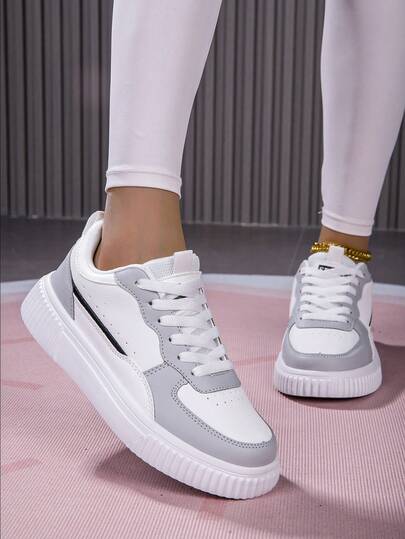 新款女士时尚休闲鞋，亮片装饰滑板鞋，拼接撞色极简系带运动鞋