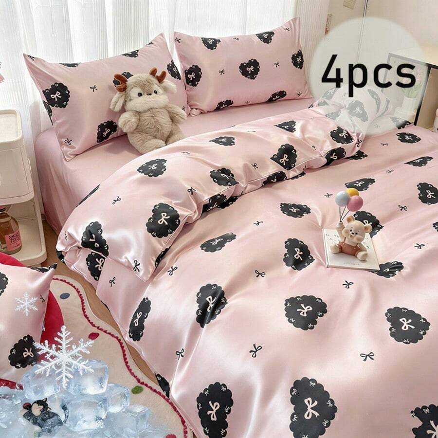 四件套床上用品，甜美可爱蝴蝶结印花被套，高端丝滑冰丝缎床品套装，抗皱机洗，春夏凉爽床品，柔软顺滑透气睡衣，包含1个被套（不含填充物）、1个床单、2个枕套（不含填充物） - 蝴蝶結小煤球 - 查看 1