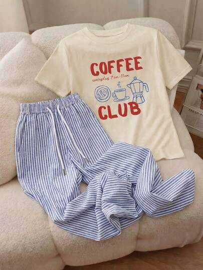 Women's Summer Coffee Club Print Round Neck Short Sleeve T-Shirt And Striped Pants Set, Fashionable Oversized Short Sleeve Top And Striped Long Pants Set, Island Resort Style, Summer Vibe, Vacation Outfit, Beach Style, Paris, Los Angeles, London