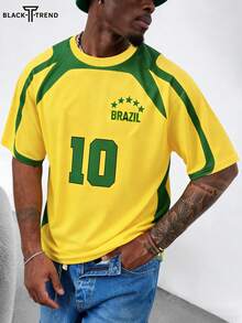 Áo thun nam tay ngắn màu đen phối màu kiểu bóng đá Brazil, dáng rộng. - Nhiều màu - Xem 3