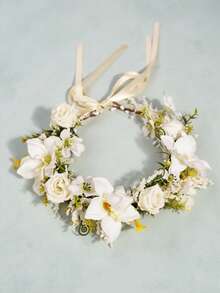 1pc Elegant Rose Flower Boho Bridal Wreath, Romantic Wedding Headpiece - White - View 3