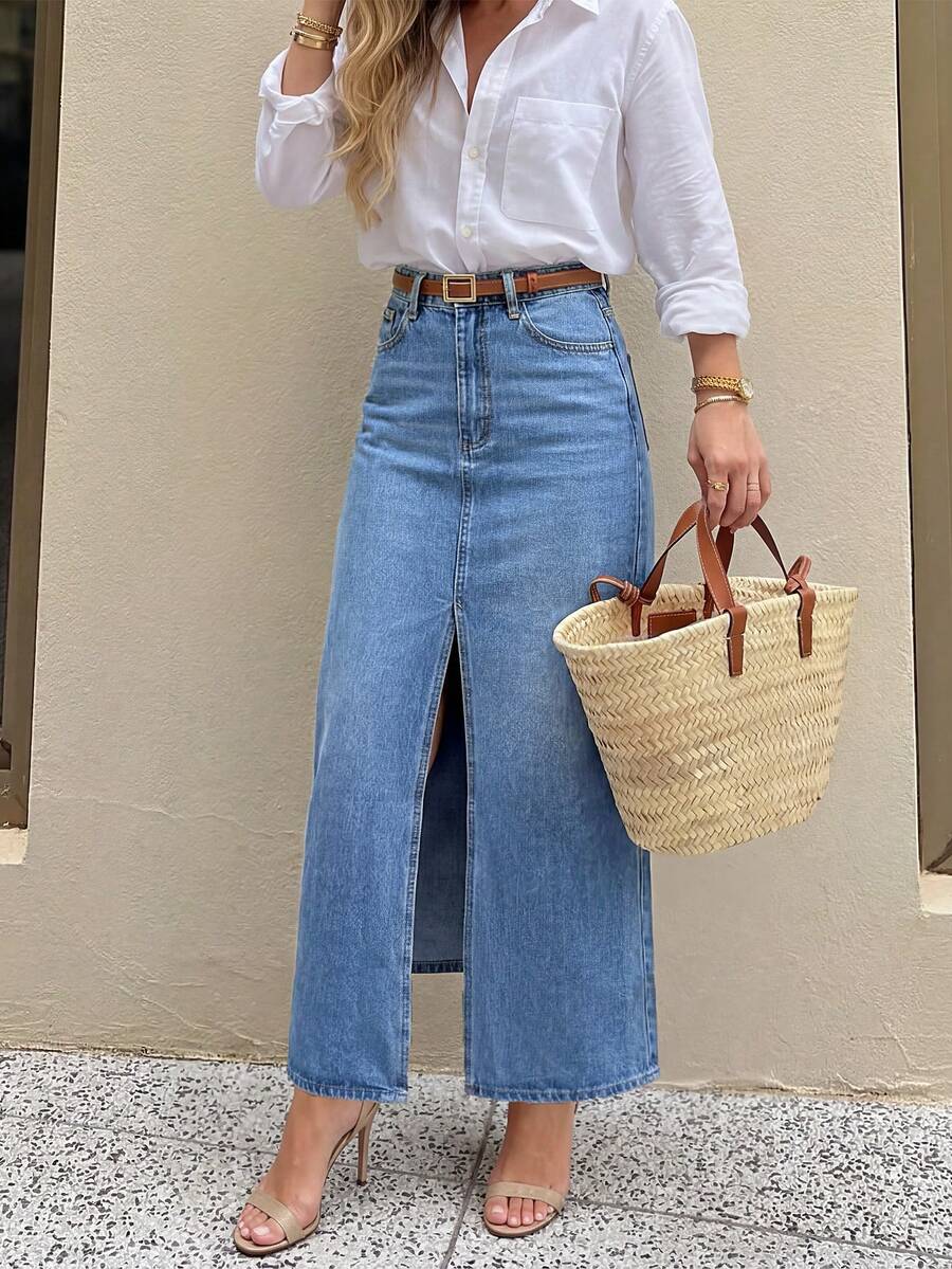 SDNGED 夏季通勤休闲波西米亚风优雅高品质开衩设计女士牛仔裙 春季 - 淺色水洗藍 - 查看 1