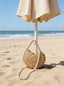 Crochet Shell Straw Bag With Pearl Chain, Bohemian Woven Crescent Handbag, Detachable Faux Pearl Strap Beach Bag For Summer, Ideal For Vacation, Wedding & Daily Outfits, Suitable For Women, Brides & Fashion Enthusiasts, Perfect For Spring Break, Beach Trips & Gifting, Versatile As Shoulder Bag, Clutch & Bridal Accessory - Multicolor - View 2