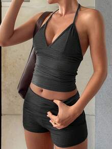 GAOVOT 两件套女士性感运动休闲跑步健身V领上衣和紧身短裤夏季套装 - 深花灰 - 查看 5