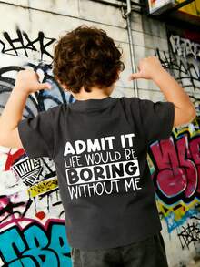 Young Boy Casual Graphic Print Crew Neck Short Sleeve T-Shirt, Summer Top - Dark Grey - View 1