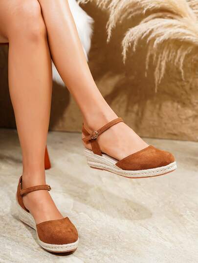 Women's Comfortable Non-Slip Apricot Linen Rope Platform Wedge Sandals, Suitable For Spring And Summer Vacation