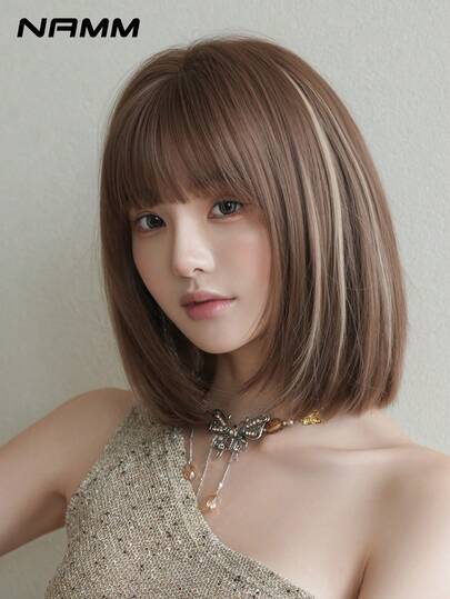 NAMM 12 Inch Straight Bob Wig For Women Lightweight & Comfortable Fluffy Highlight Golden Wigs With Bangs,Synthetic Full Machine Heat Resistant Fiber Hair Wigs For Daily Y2K, Lolita & Goth Styles-All-Match Fashion Accessories