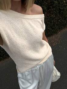 2026春夏新款休闲优雅街头风针织杏色不对称肩部宽松蝙蝠袖罩衫，适合休闲、派对、生日、街头穿搭、夏季服装、邮轮服装、派对上衣、商务休闲、音乐会服装、度假服装、假日服装、Y2K海滩装扮 - 杏色 - 查看 4