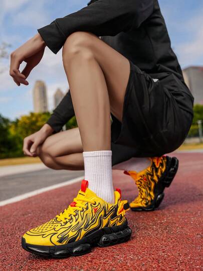 Men's Yellow Flame Pattern Air Cushion Casual Sneakers, Contrast Trim Minimalist Stylish Breathable Lace-Up Running Shoes