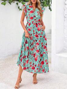 Women's Summer Print Mid-Length Dress With Sleeve Cap V-Neck Ruffled Long Flowing Bohemian Style Casual Beach Holiday Dress - 綠底紅花色 - 查看 4