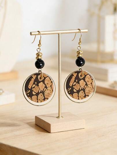 1 Pair New Vintage Wood Grain Earrings For Women, Round Soft Wood With Black Bead Earrings, Fashion Versatile Earrings