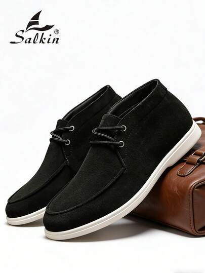 Salkin Designer Luxury Men's Moccasin Shoes, Suede Leather With Metal Buckle Slip-On Loafers, Soft Suede Leather Shoes, Gentleman Business Social Shoes, Men's Daily Driving Shoes, Office Party Wedding Formal Shoes, Couple Dating, Romantic Dinner, Holiday Gift, Back To School Casual Shoes, College Style, Please Select One Size Up.