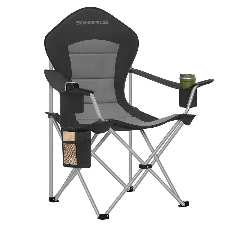 SONGMICS Silla de Exterior Plegable, Asiento Amplio, Respaldo Alto, Portavasos, Organizador, Portátil, Negro y Gris - Negro - Ver 1