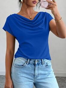 PRETTYGARDEN Women's Summer Clothes Tops Dressy Casual Clothing Cowl Neck Short Sleeve Blouses Business Work Office Shirts  Tops For Women - 藍色 - 查看 5