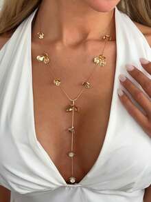 1件复古别致个性化金属花朵流苏Y型项链，金色长项链，优雅女士饰品，适合在派对和节日佩戴，送给她的礼物 - 金黃色 - 查看 3