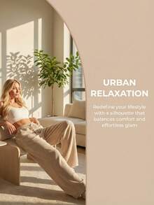 Women's Beige Ribbed Wide Leg Drawstring Pants, Casual High Waist Baggy Trousers - Apricot - View 7