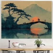1pc Extra Large Elegant Ink Painting Bridge Tapestry - High-Definition Digital Print,, No Installation Needed,  Japanese Landscape With Sunset Reflections, Perfect For Home Decor, Tapestry Wall Hanging - Multicolor - View 5