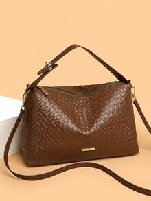 新款女士编织纹理PU斜挎包，可作单肩包或手提包使用，适合日常通勤、旅行和购物，用途广泛。 - 咖啡 - 查看 9