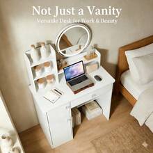 White Vanity Desk With LED Light Mirror, Makeup Table With Drawer & Storage Shelves, Multifunctional Bedroom Dresser, Perfect Gift For Women & Girls - White - View 6