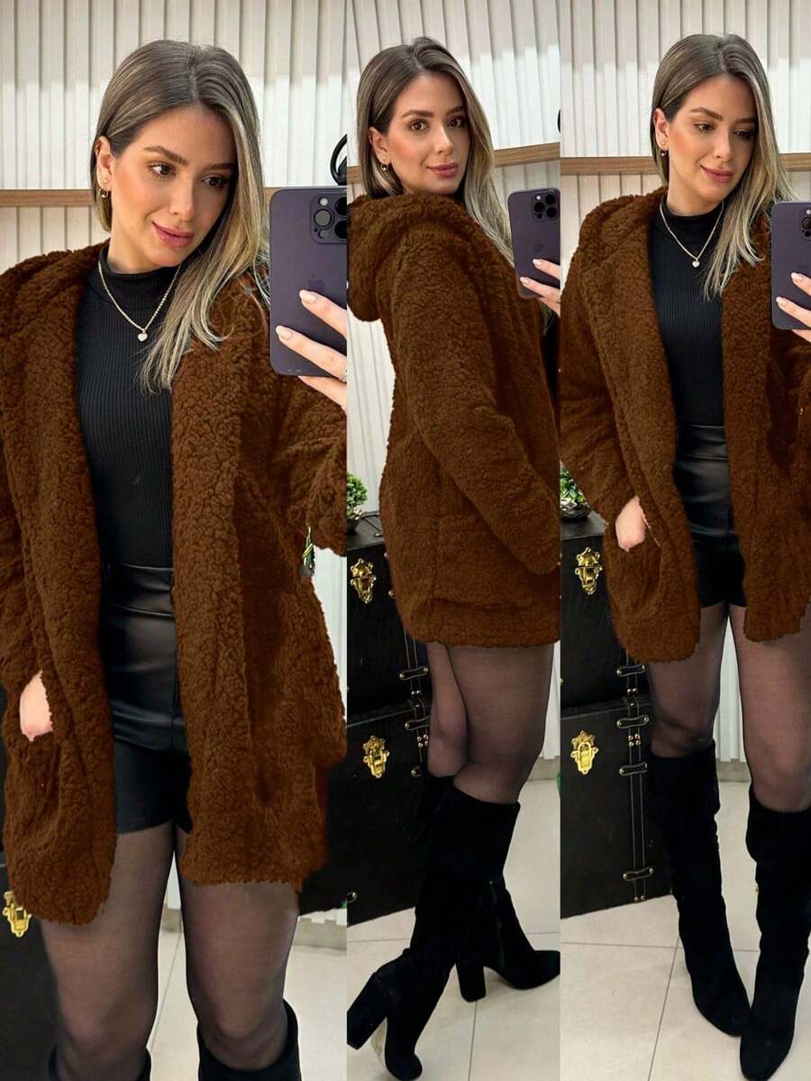 Women's Long-Sleeved Hooded Teddy Coat With Pockets For Winter - màu nâu - Xem 1