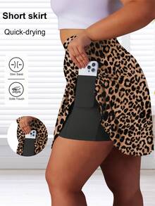 Plus Size Women Leopard Print Skirt With Built-In Shorts, Side Pockets, High Stretch Comfortable Fabric, Suitable For Daily Wear And Sports - Multicolor - View 4