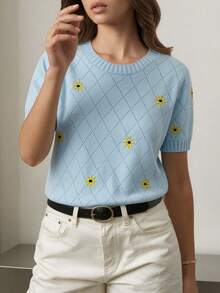 GIGOGOU Women's Summer Fashion Embroidered Short Sleeve T-Shirt, Breathable Knit Embroidered Tee - Blue - View 3